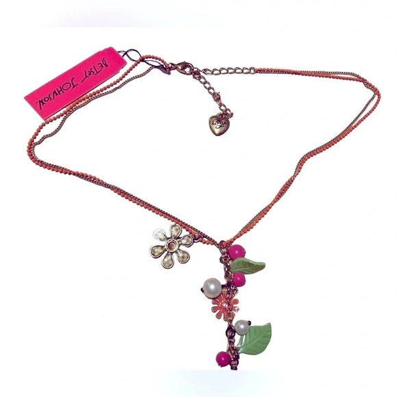 BETSEY JOHNSON Vintage Y-Drop Double-Strand Gold Beaded Charm Necklace NEW NWT - Picture 2 of 8